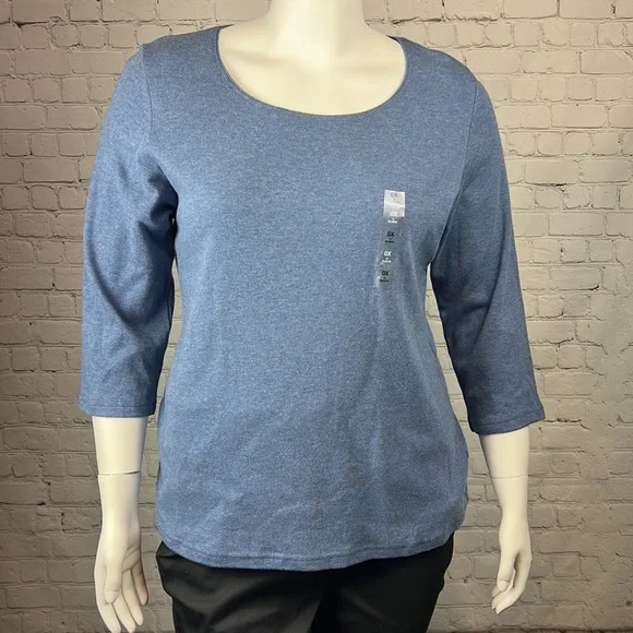 0X 1X Heather Blue Scoopneck 3/4 Sleeve Top Plus Size - Picture 2 of 5